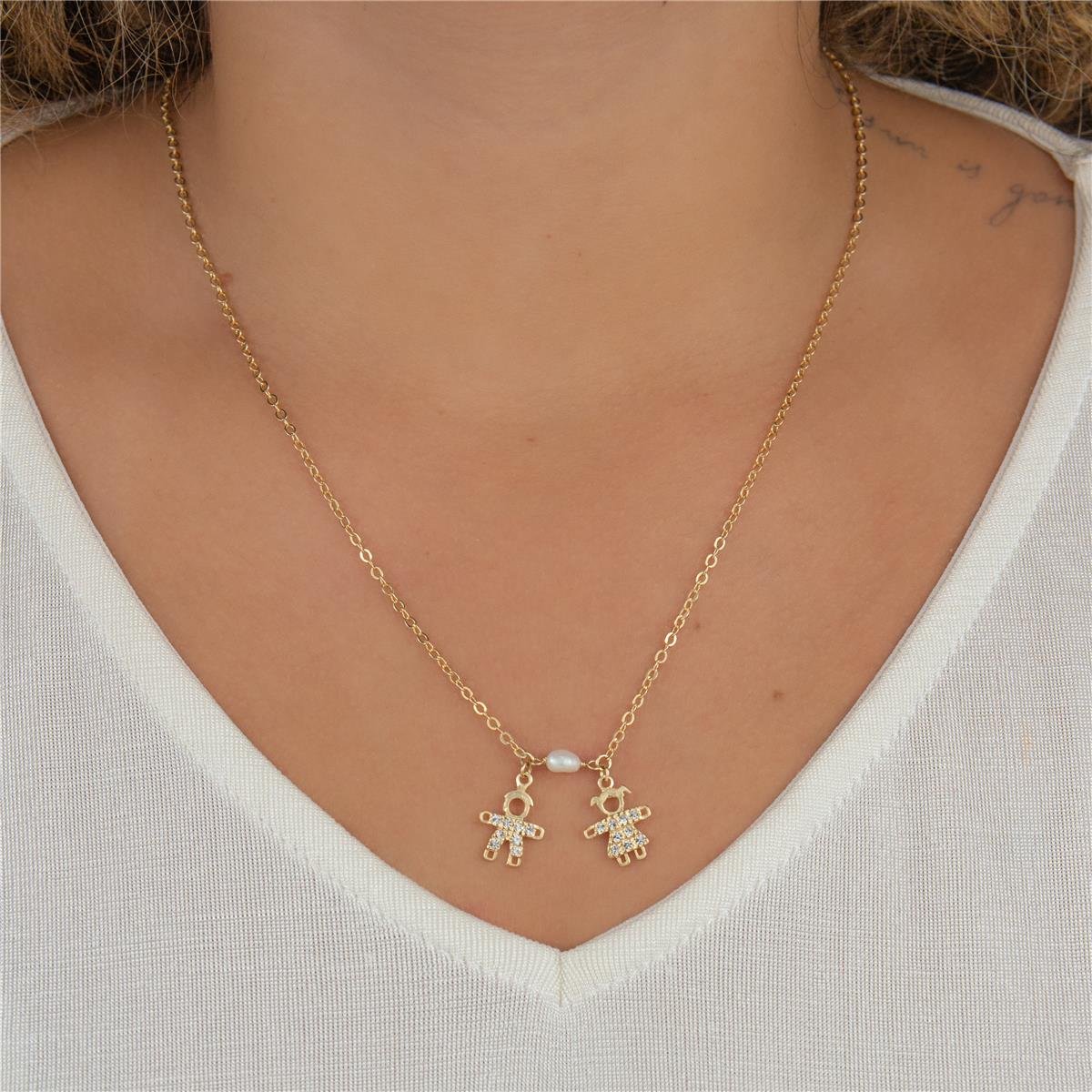 COLAR FOLHEADO A OURO 1 MENINA 1 MENINO E PÉROLA