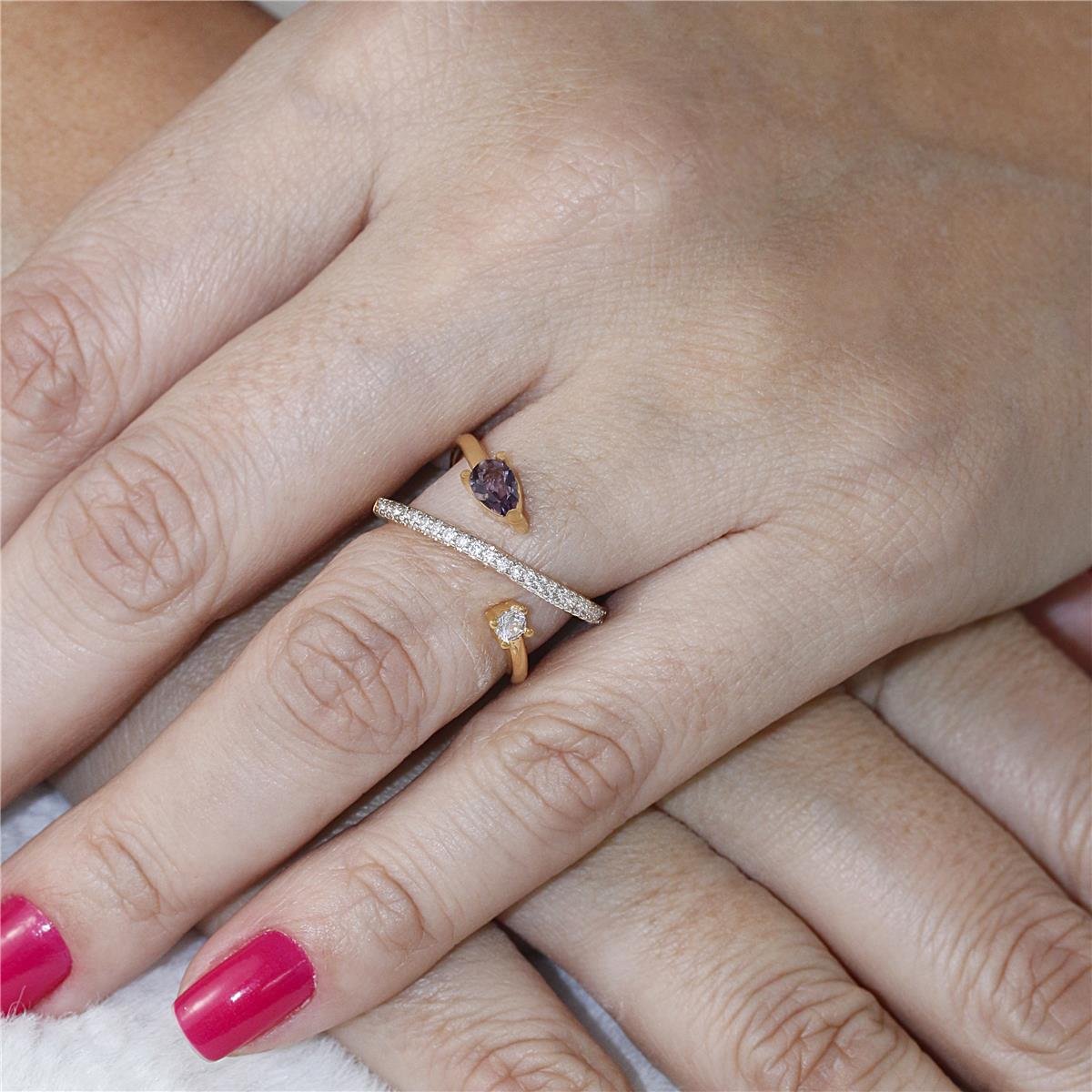 ANEL FOLHEADO A OURO FAIXAS COM ZIRCÔNIAS E GOTA