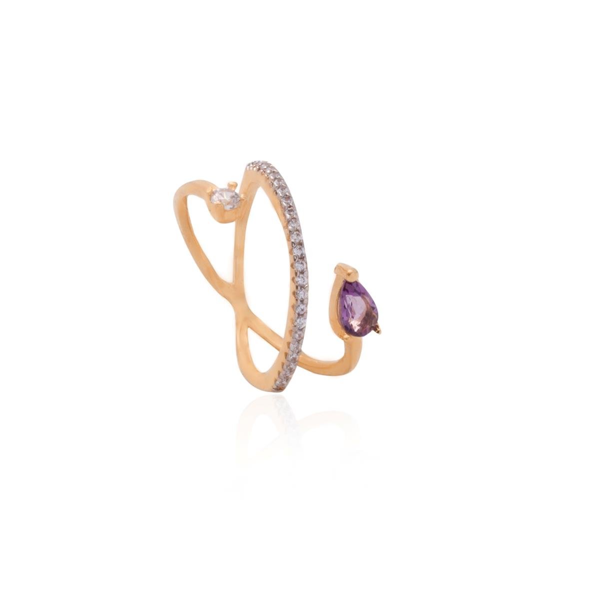 ANEL FOLHEADO A OURO FAIXAS COM ZIRCÔNIAS E GOTA