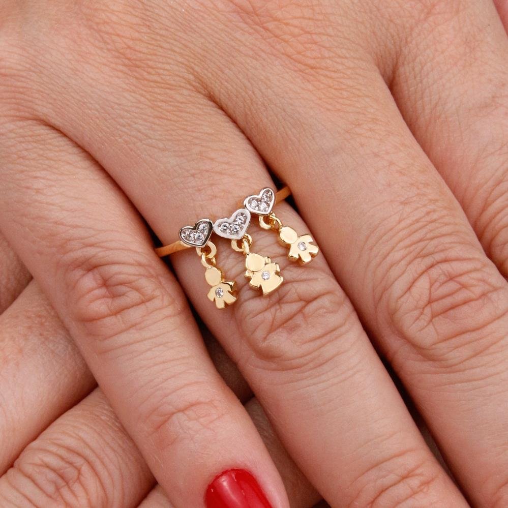 ANEL FOLHEADO A OURO CORAÇÕES COM MENINO E MENINAS