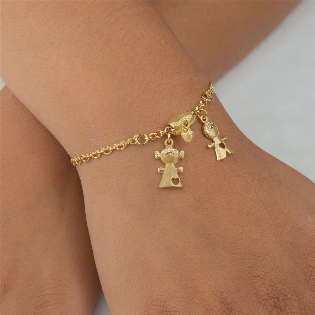 PULSEIRA FOLHEADO A OURO COM MENINO E MENINA