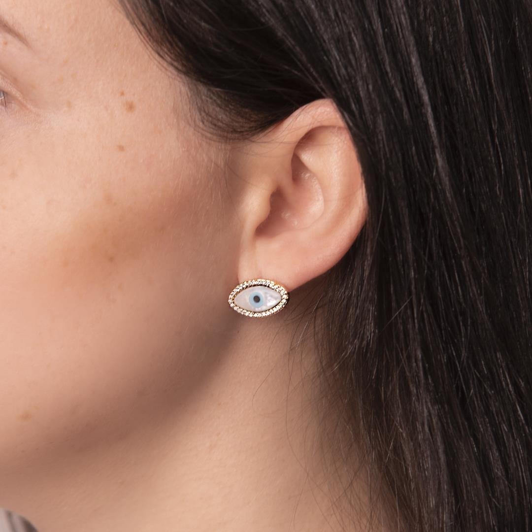 BRINCO FOLHEADO A OURO OLHO GREGO OVAL COM ZIRCÔNIAS