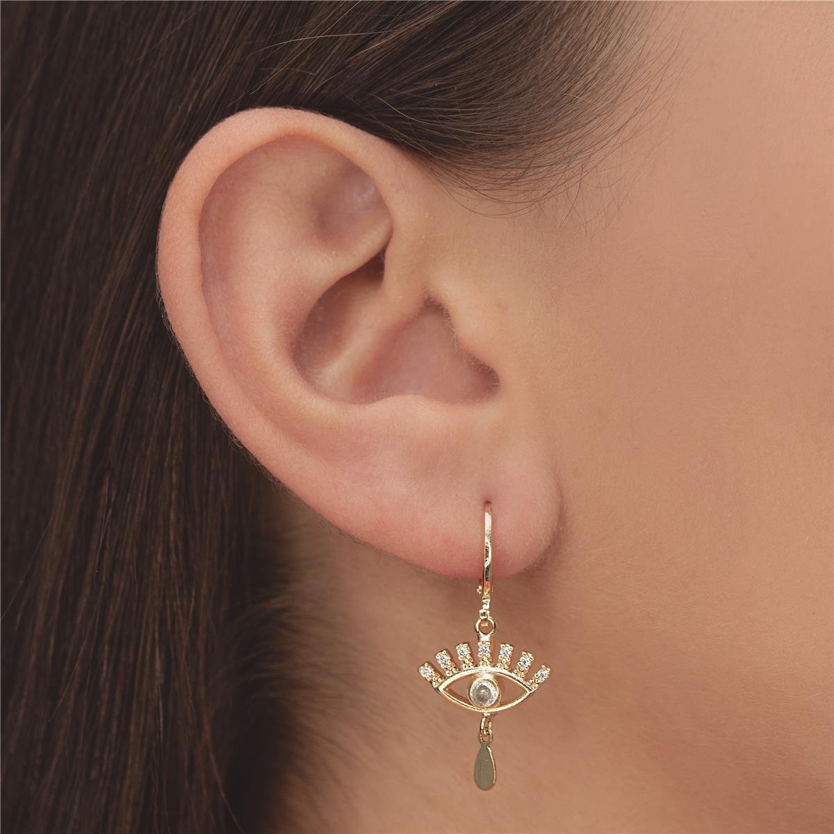 BRINCO FOLHEADO A OURO ARGOLAS COM OLHO DE COM ZIRCÔNIAS E CORRENTE