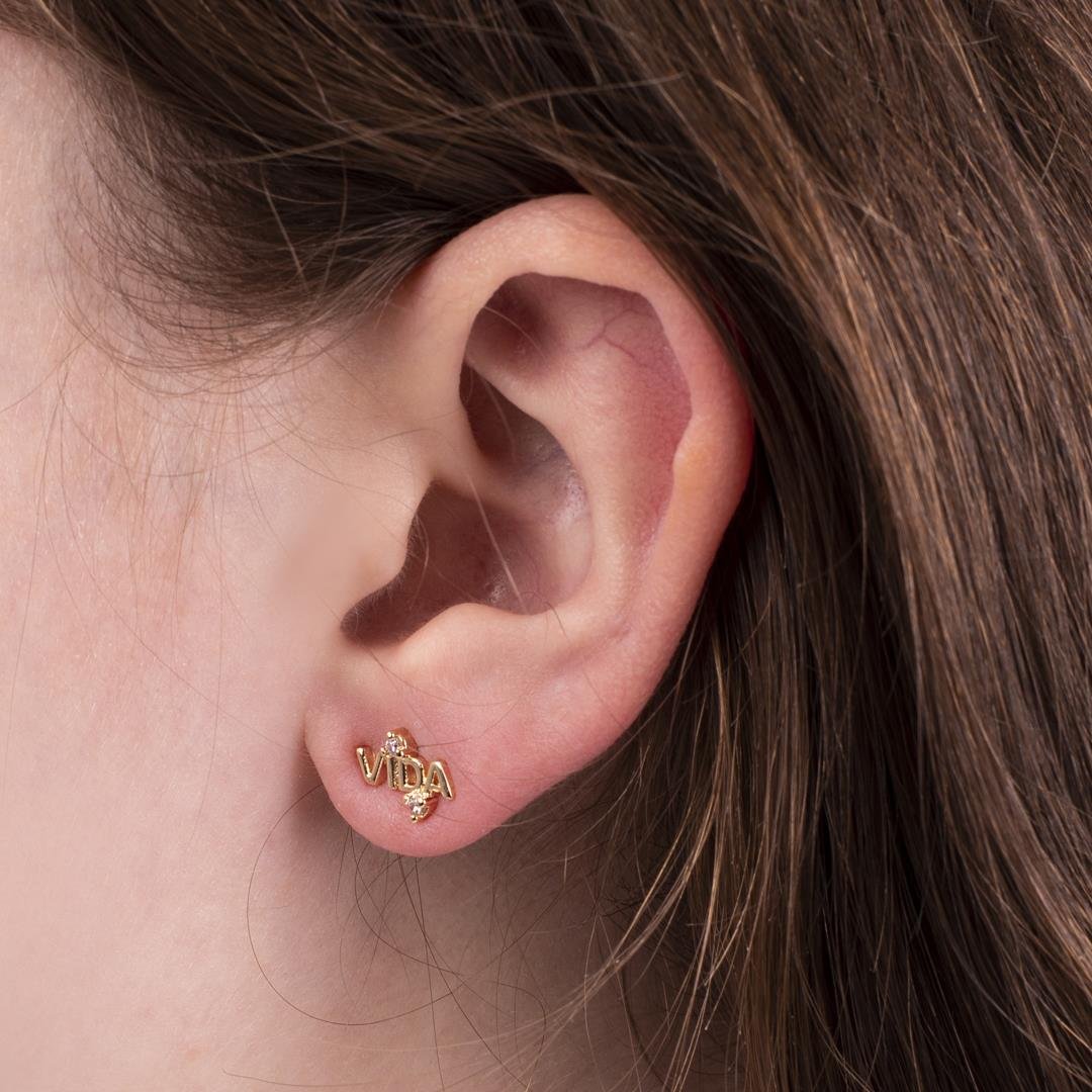 BRINCO FOLHEADO A OURO VIDA PEQUENA COM ZIRCÔNIA