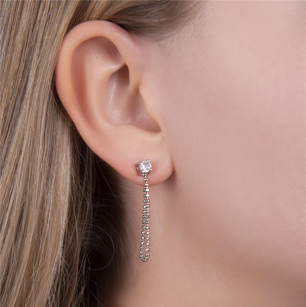 BRINCO FOLHEADO A OURO BRANCO ZIRCÔNIAS REDONDA COM FIO DE BOLINHAS LISAS