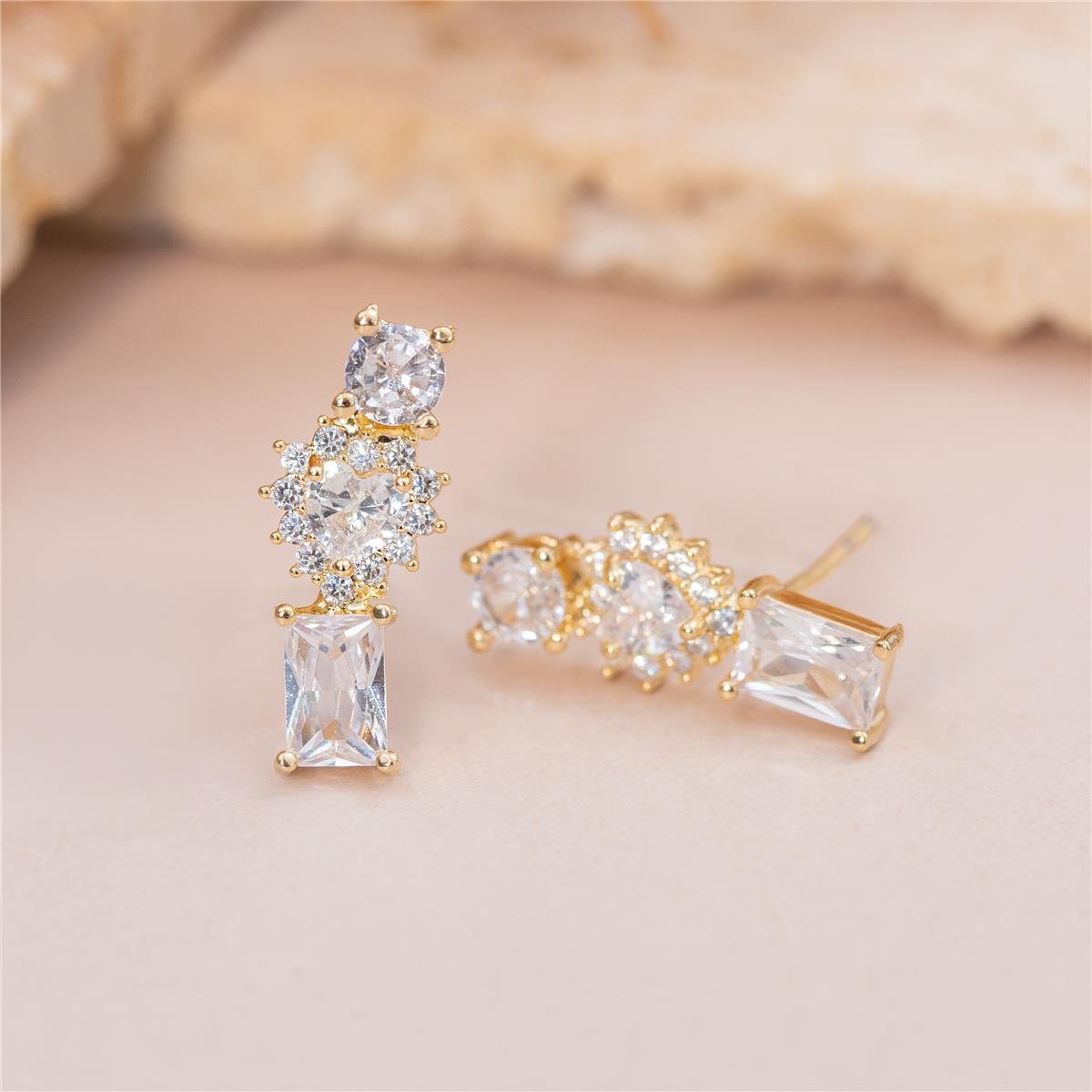 BRINCO FOLHEADO A OURO EAR CUFF DE ZIRCÔNIAS REDONDA, RETANGULAR E CORAÇÃO