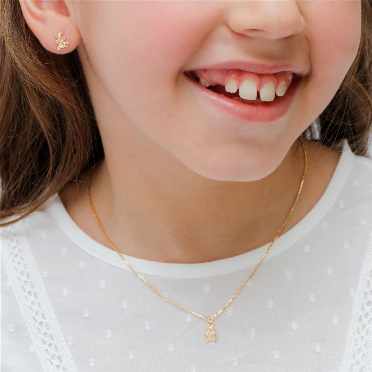 CONJUNTO FOLHEADO A OURO INFANTIL COM URSINHO DE PELÚCIA