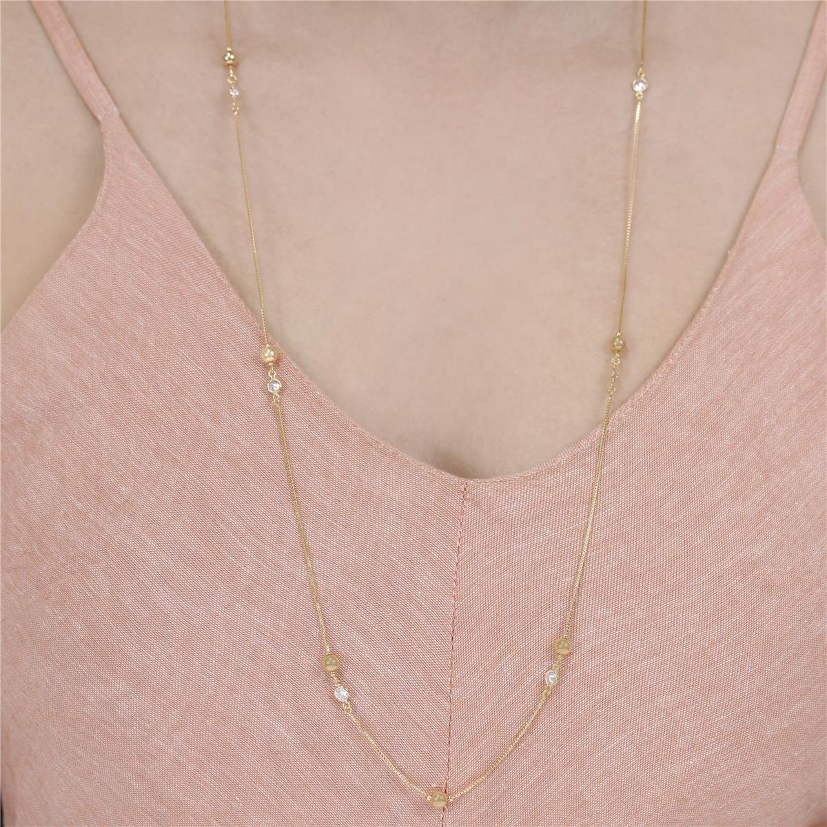 COLAR FOLHEADO A OURO FIO VENEZIANO COM BOLAS E ZIRCÔNIA 