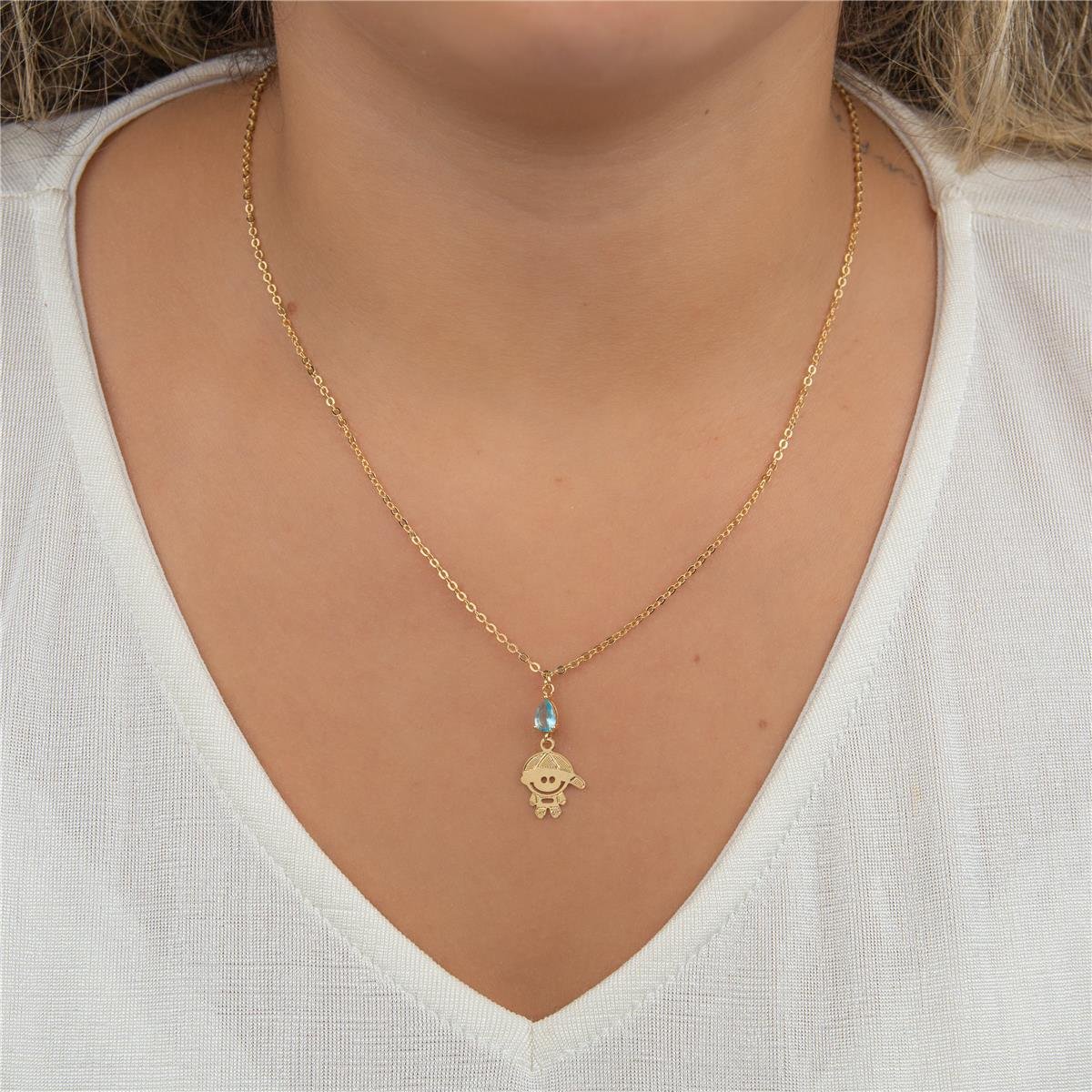 COLAR FOLHEADO A OURO FIO COM PEDRA EM GOTA E MENINO LISO 