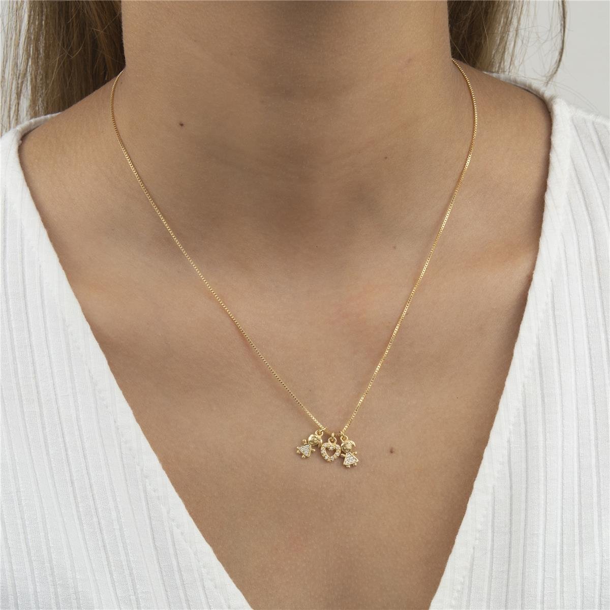 COLAR FOLHEADO A OURO MENINAS E CORAÇÃO DE ZIRCÔNIA