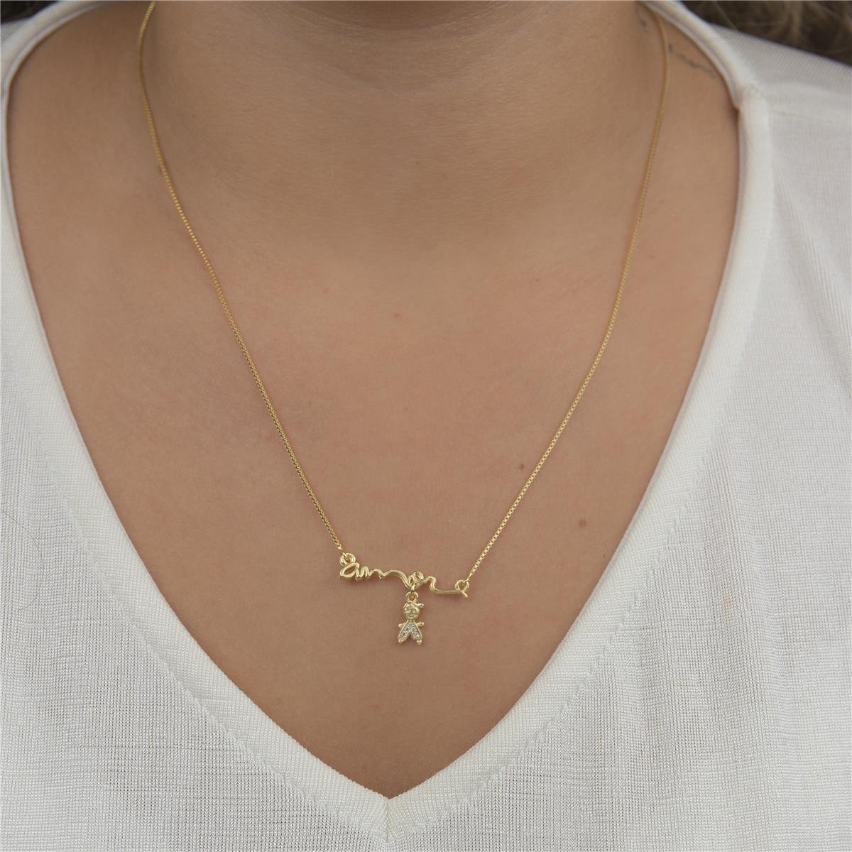 COLAR FOLHEADO A OURO AMOR 1 MENINO COM ZIRCÔNIA