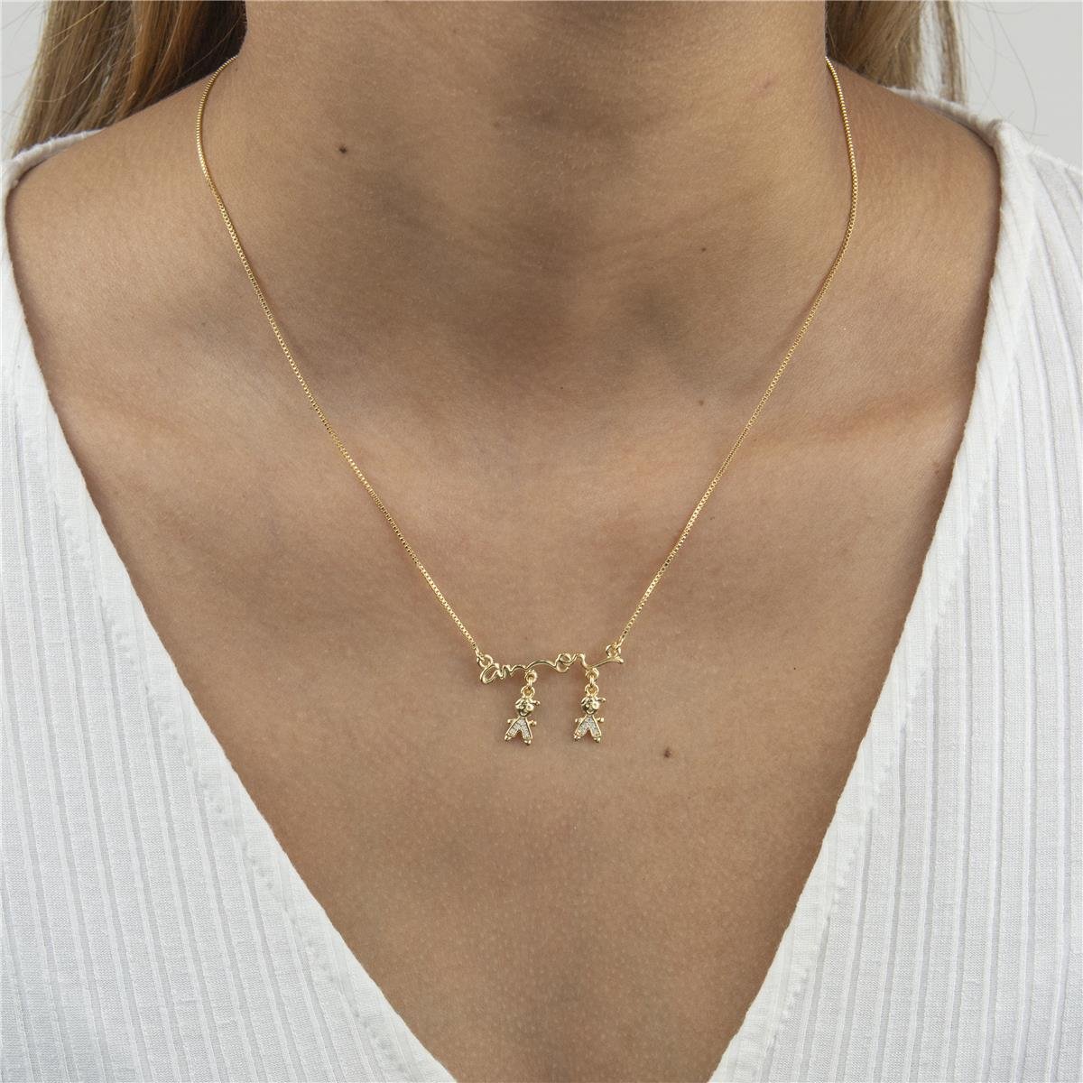 COLAR FOLHEADO A OURO COM AMOR E 2 MENINOS ZIRCÔNIA