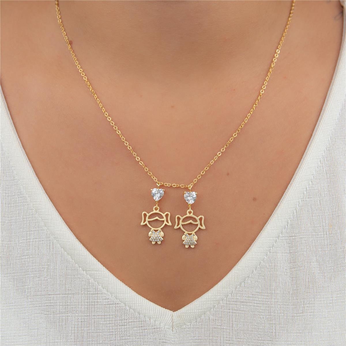 COLAR FOLHEADO A OURO MENINAS VAZADAS COM CORAÇÕES 