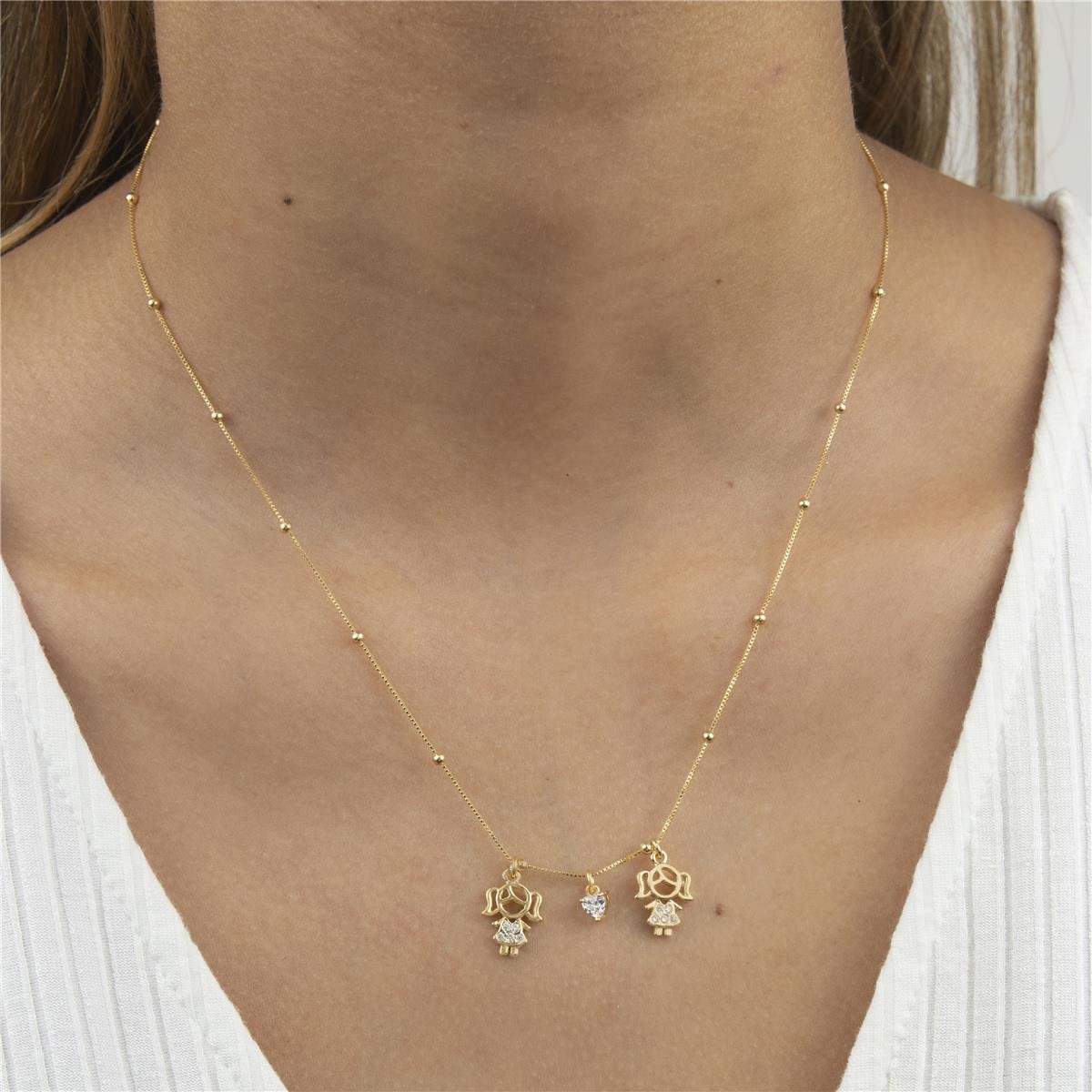 COLAR FOLHEADO A OURO MENINAS COM CORAÇÃO EM PEDRA