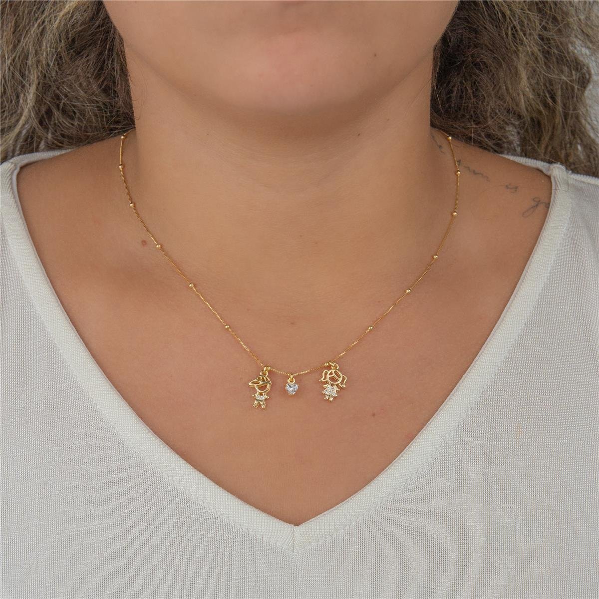 COLAR FOLHEADO A OURO FIO COM CORAÇÃO 1 MENINA 1 MENINO DE ZIRCÔNIA