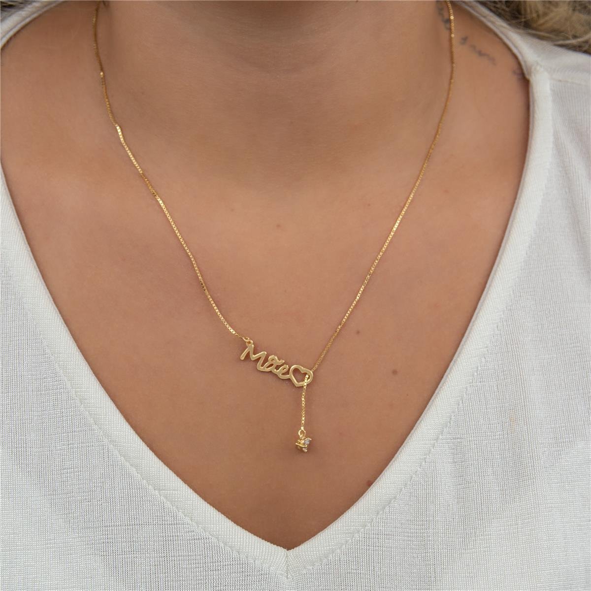 COLAR FOLHEADO A OURO MÃE COM CORAÇÃO VAZAD