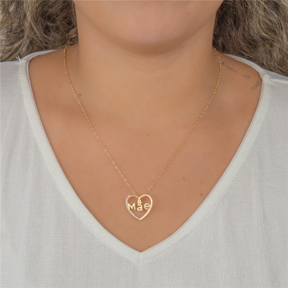 COLAR FOLHEADO A OURO CORAÇÃO LISO COM ZIRCÔNIA MÃE