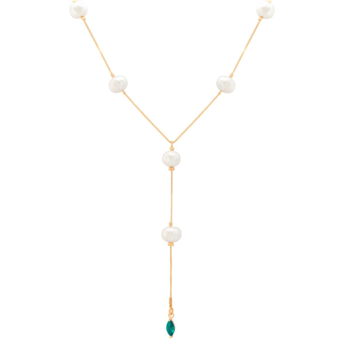 COLAR FOLHEADO A OURO GRAVATA COM PÉROLA E PEDRA NAVETE 