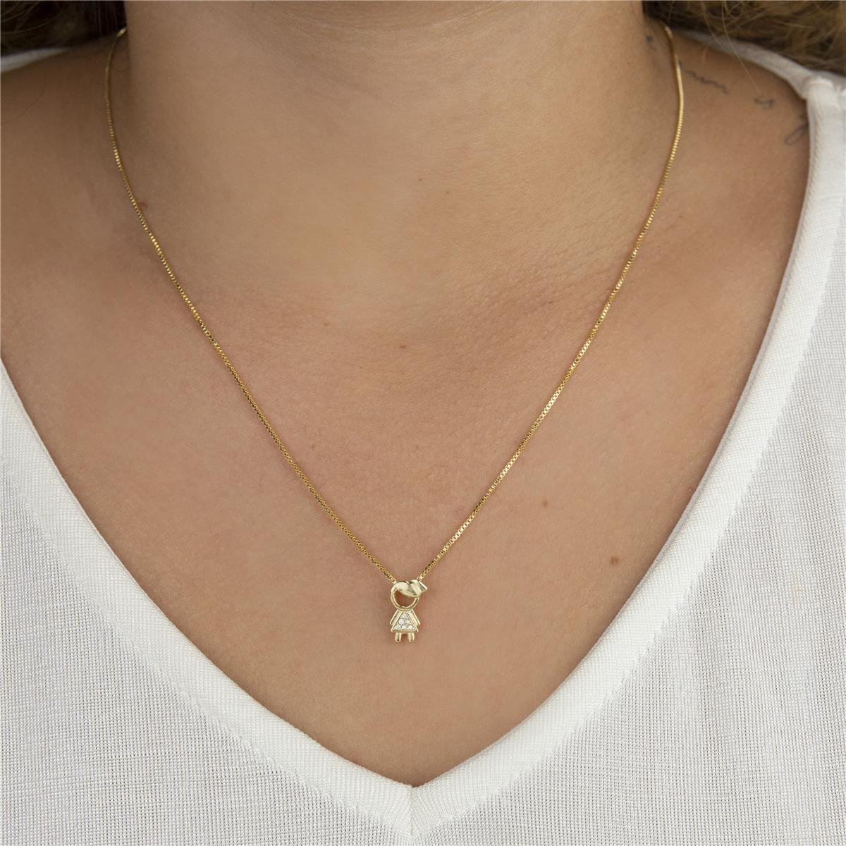 COLAR FOLHEADO A OURO MENINA LISA COM ZIRCÔNIA 