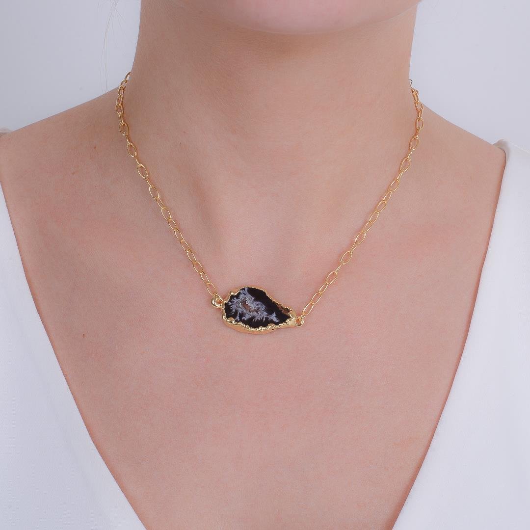 CHOKER FOLHEADO A OURO FIO CORRENTE COM PEDRA NATURAL