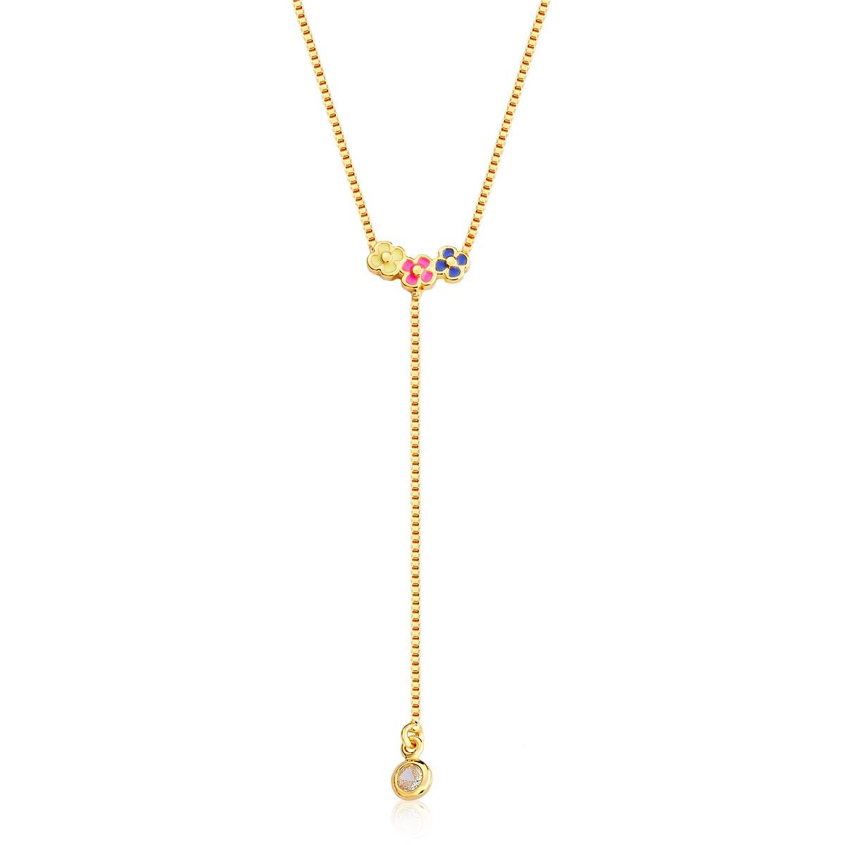 COLAR FOLHEADO A OURO INFANTIL GRAVATA COM MINI FLORES E ZIRCÔNIA