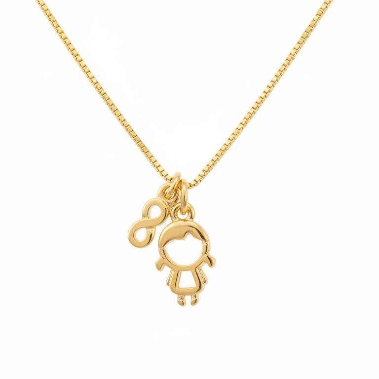 COLAR FOLHEADO A OURO INFINITO COM MENINA DE RESINA