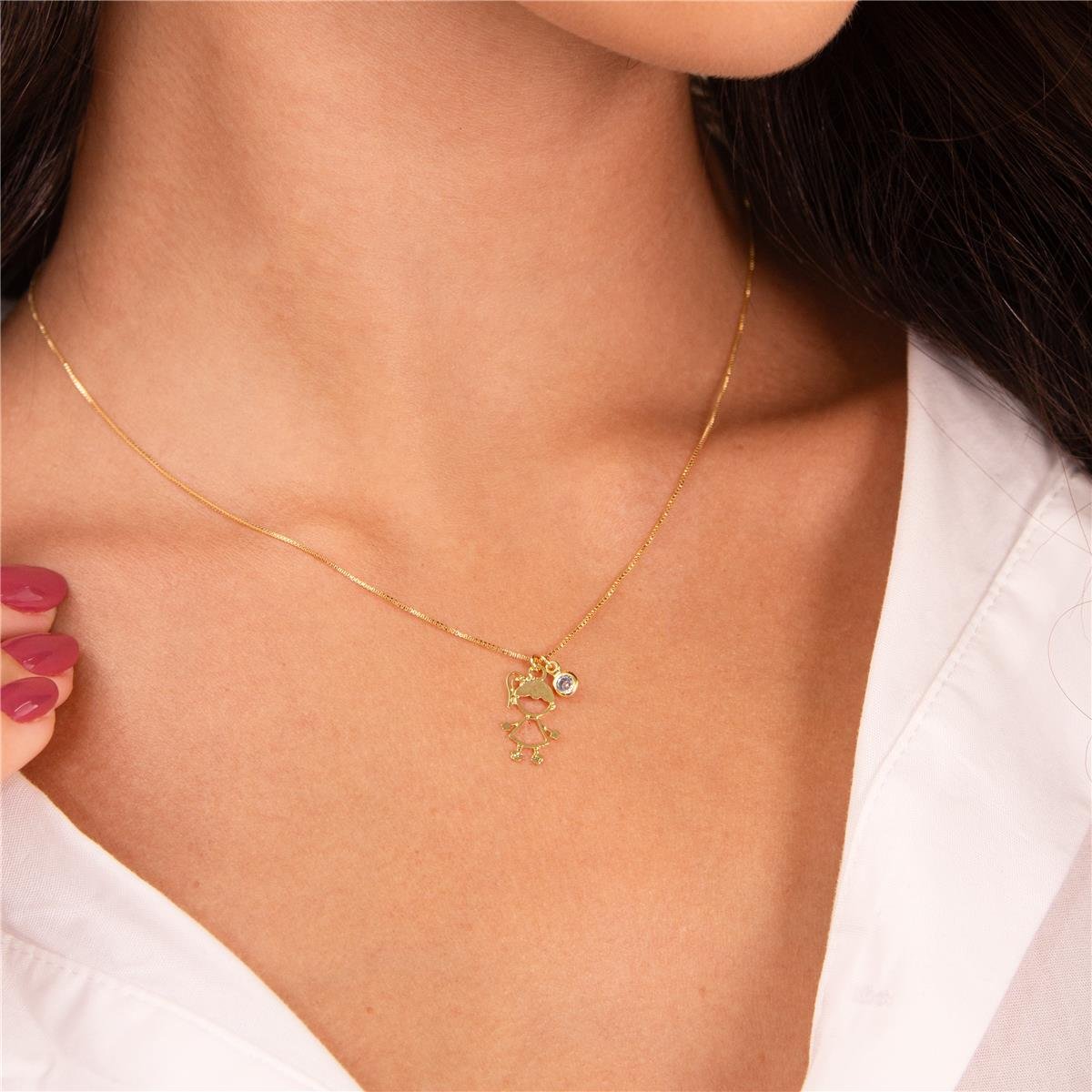 COLAR FOLHEADO A OURO COM MENINA LISA E COM MINI ZIRCÔNIA
