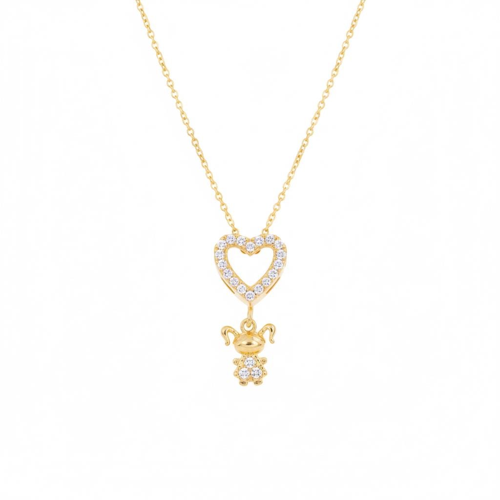 COLAR FOLHEADO A OURO CORAÇÃO COM MENINA DE ZIRCÔNIAS