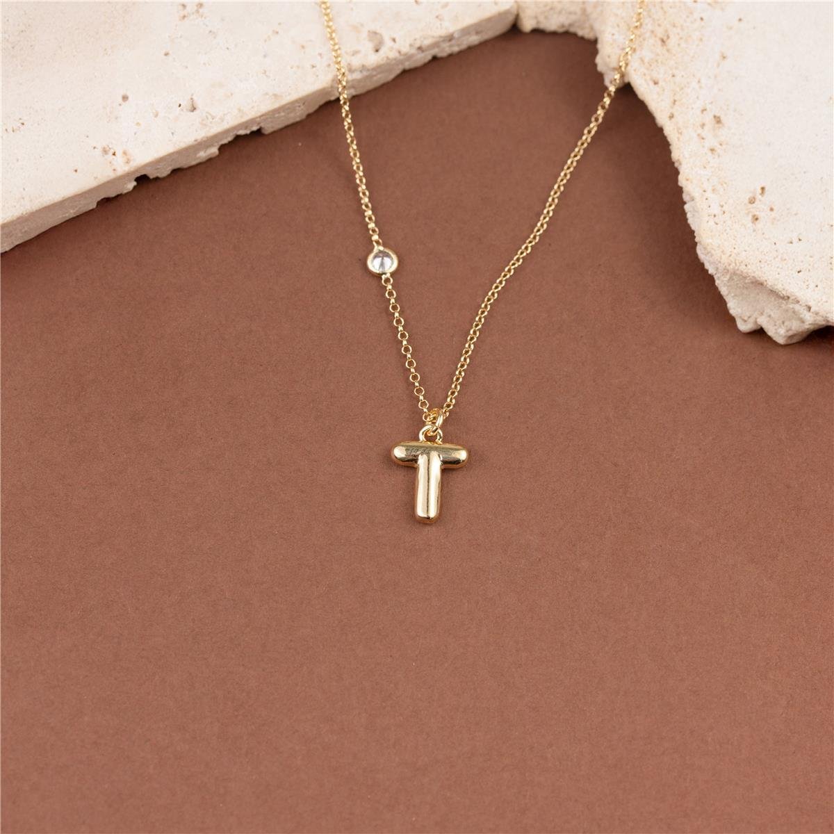 COLAR FOLHEADO A OURO COM MINI ZIRCÔNIA E LETRA LISA