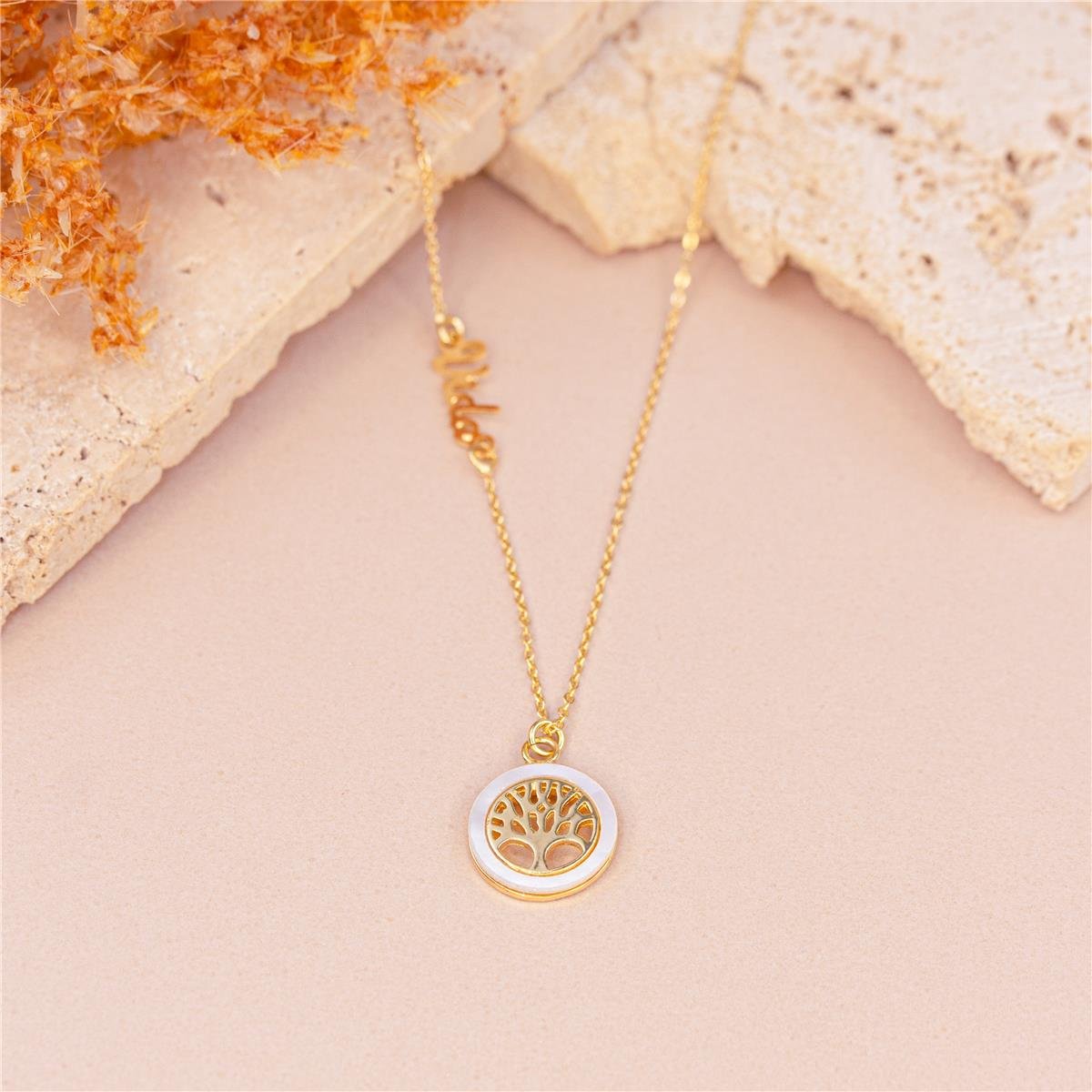 COLAR FOLHEADO A OURO COM PALAVRA VIDA E TRABALHADO COM ÁRVORE DA VIDA