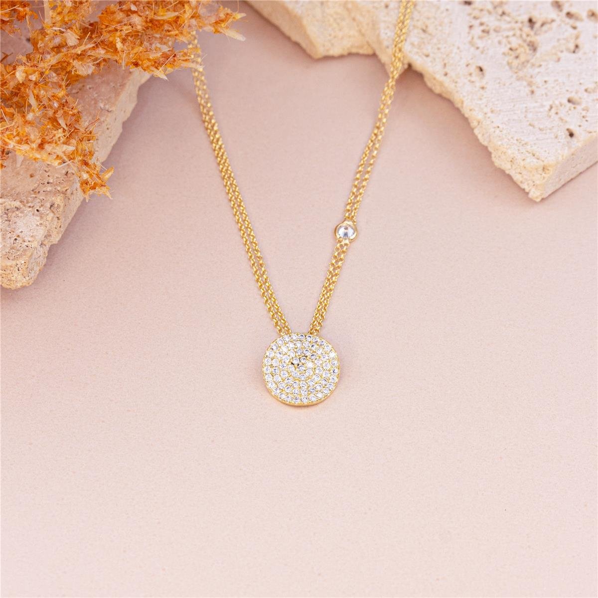 COLAR FOLHEADO A OURO DE DOIS FIOS TRABALHADO COM ZIRCÔNIAS