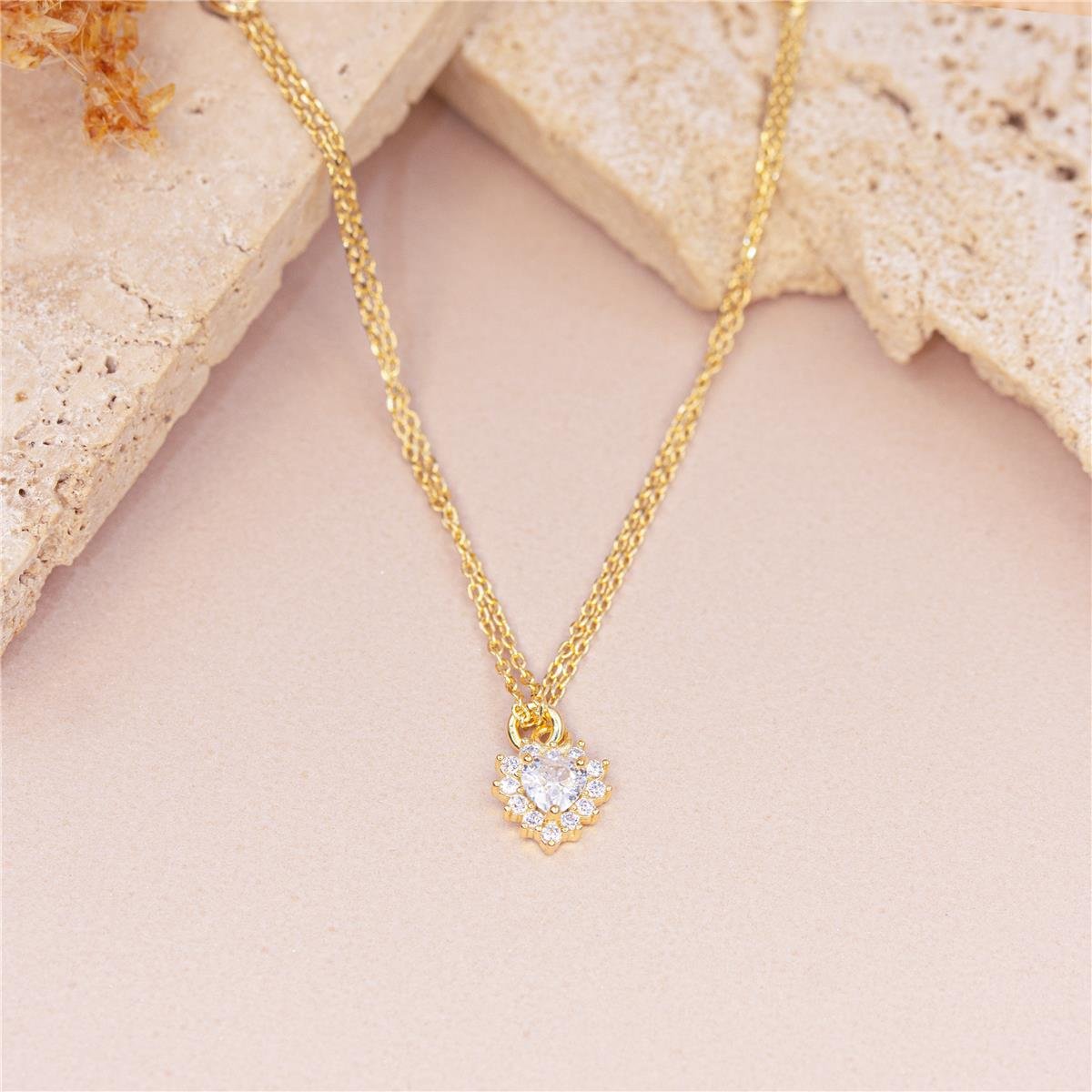 CORDÃO FOLHEADO A OURO COM DOIS FIOS COM CORAÇÃO E ZIRCÔNIAS