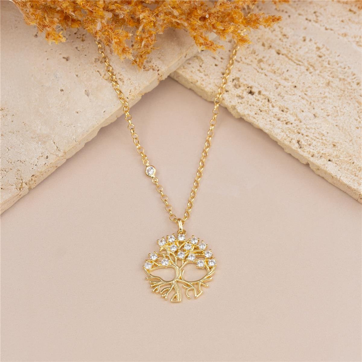 COLAR FOLHEADO A OURO ELO PORTUGUÊS COM ÁRVORE COM ZIRCÔNIAS