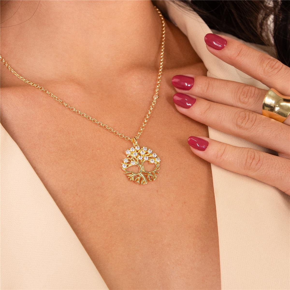 COLAR FOLHEADO A OURO ELO PORTUGUÊS COM ÁRVORE COM ZIRCÔNIAS