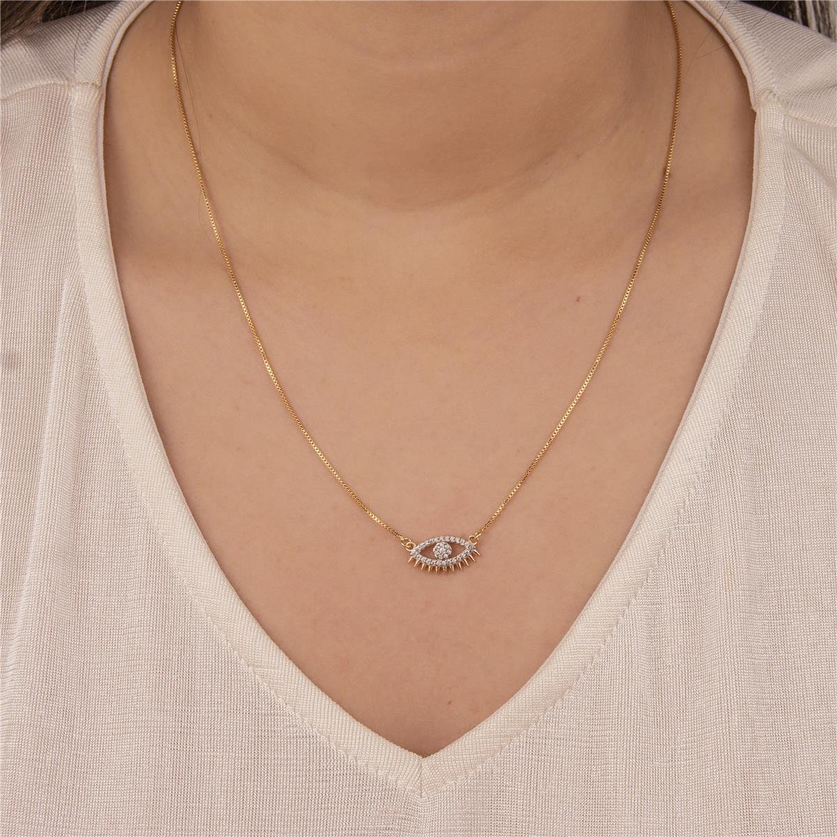 COLAR FOLHEADO A OURO COM OLHO VAZADO DE ZIRCÔNIA