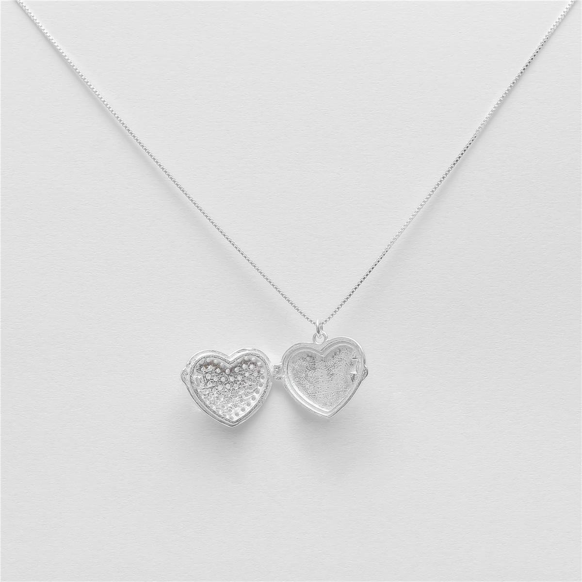 COLAR PRATA RELICÁRIO DE CORAÇÃO DE ZIRCÔNIAS