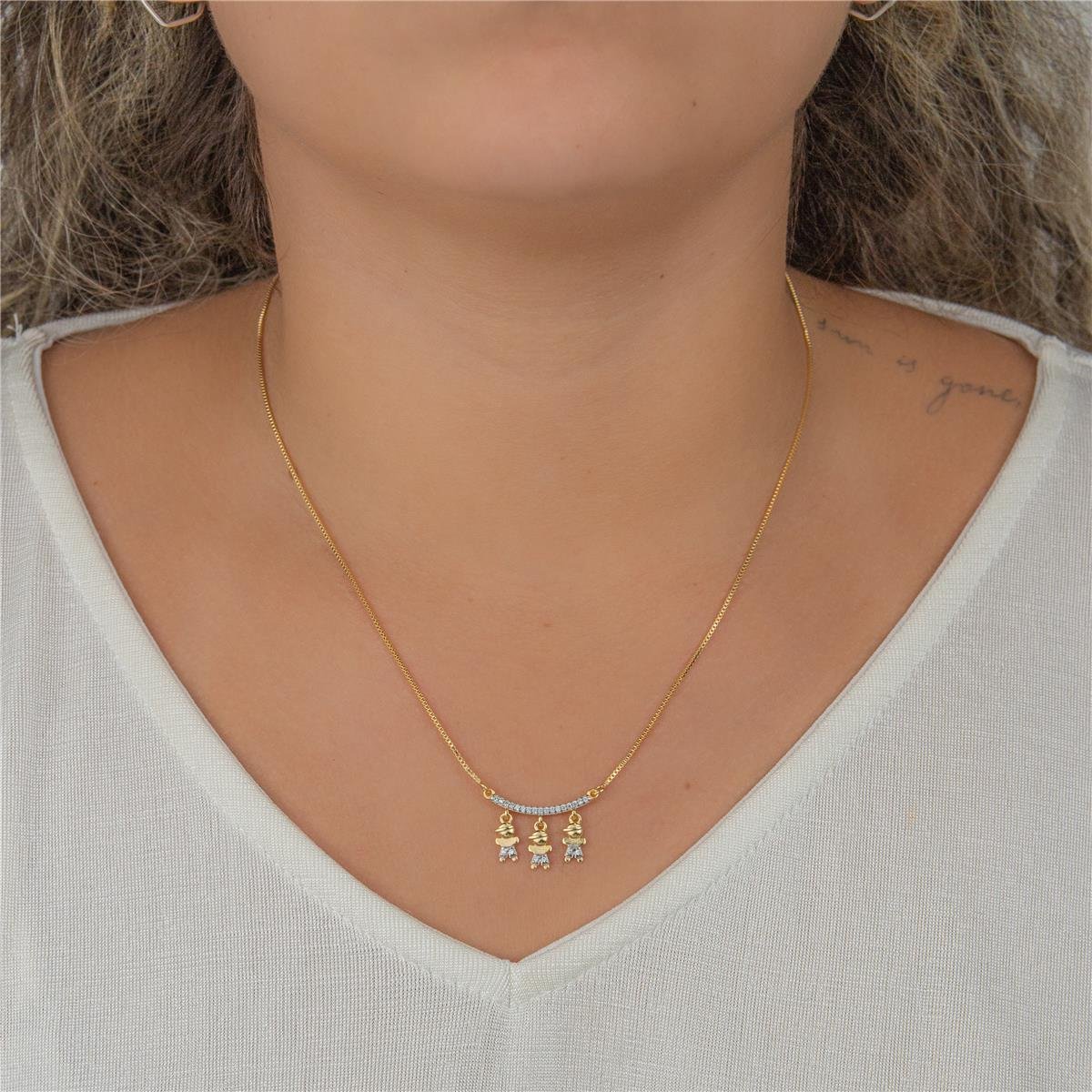 CORDÃO FOLHEADO A OURO CANGA DE ZIRCÔNIA COM MENINOS 