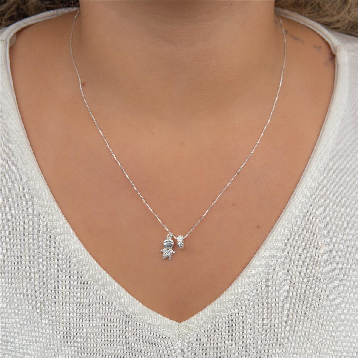 COLAR PRATA MENINO E CORAÇÃO COM ZIRCÔNIAS