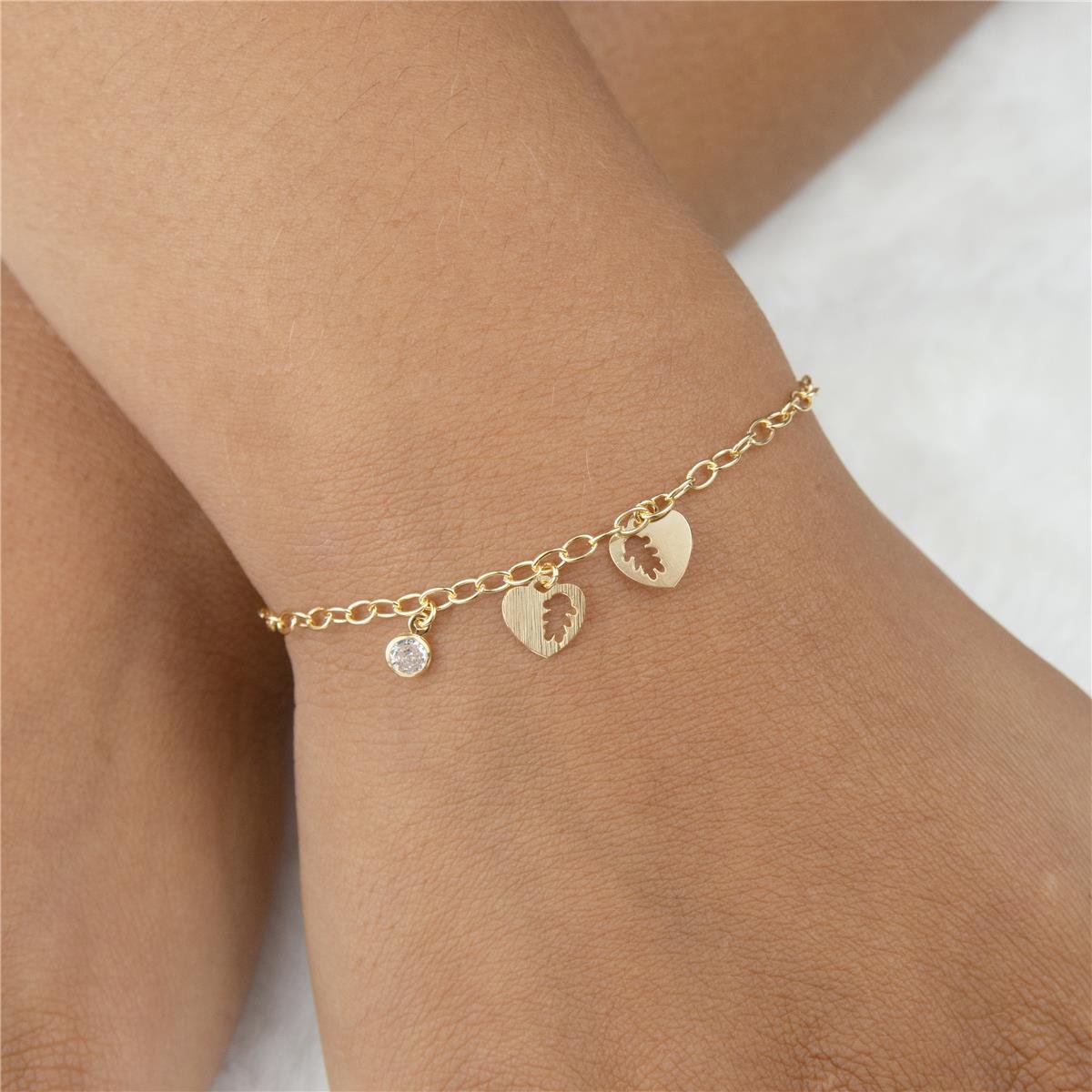 PULSEIRA FOLHEADA A OURO COM ZIRCÔNIA E CORAÇÕES COM MENINAS 