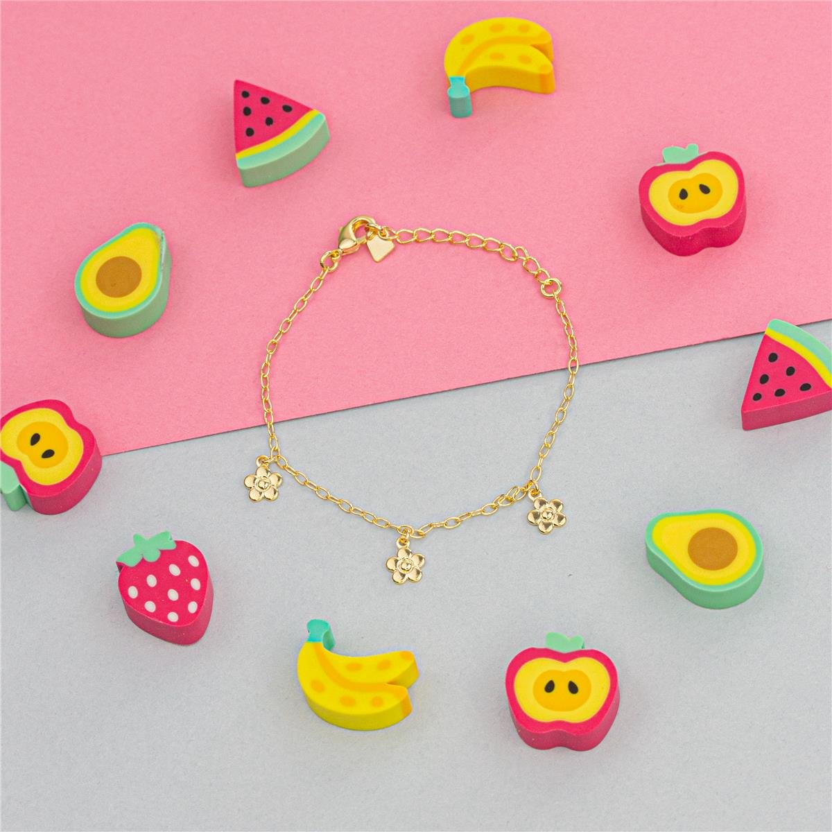 PULSEIRA FOLHEADO A OURO INFANTIL COM FLORES LISAS