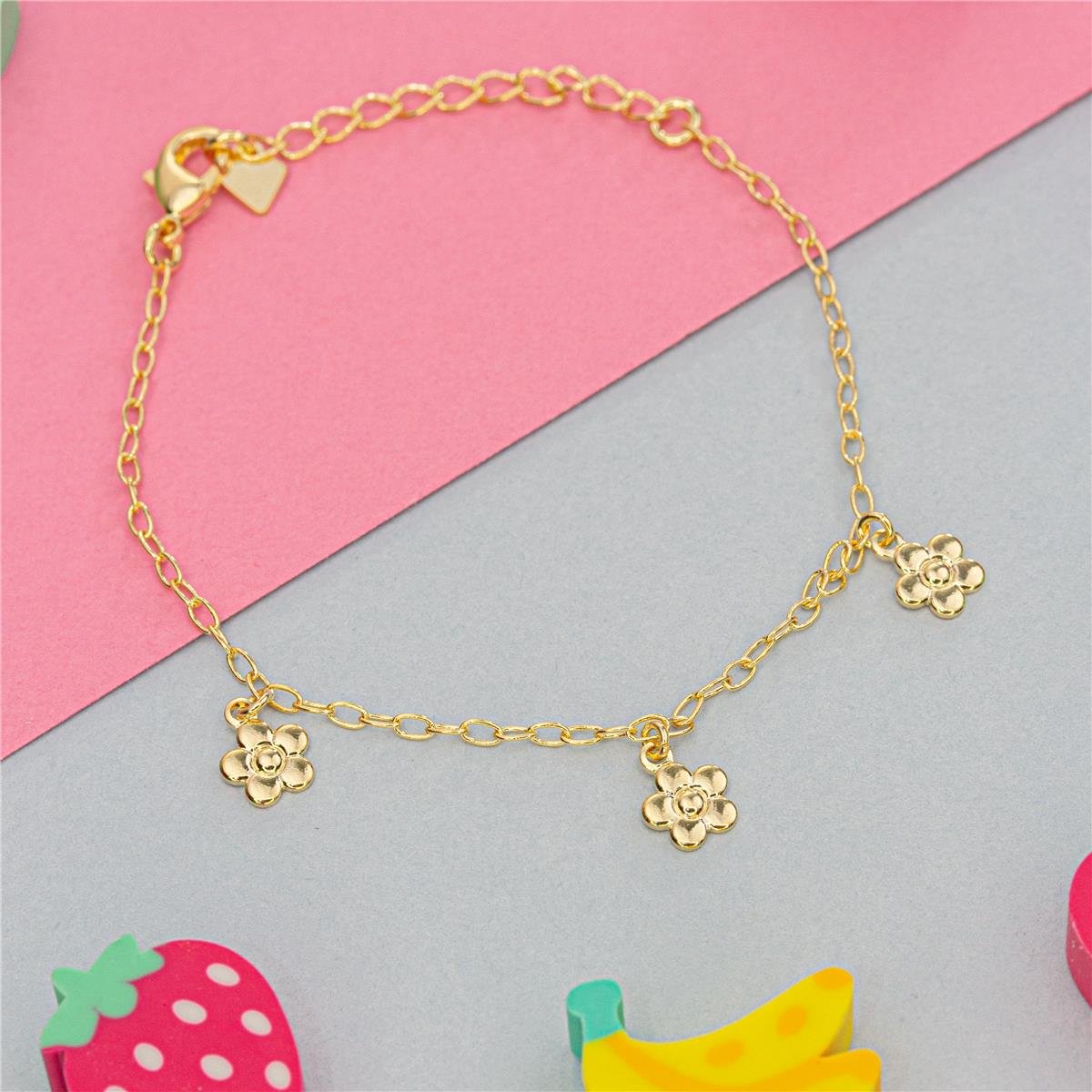 PULSEIRA FOLHEADO A OURO INFANTIL COM FLORES LISAS