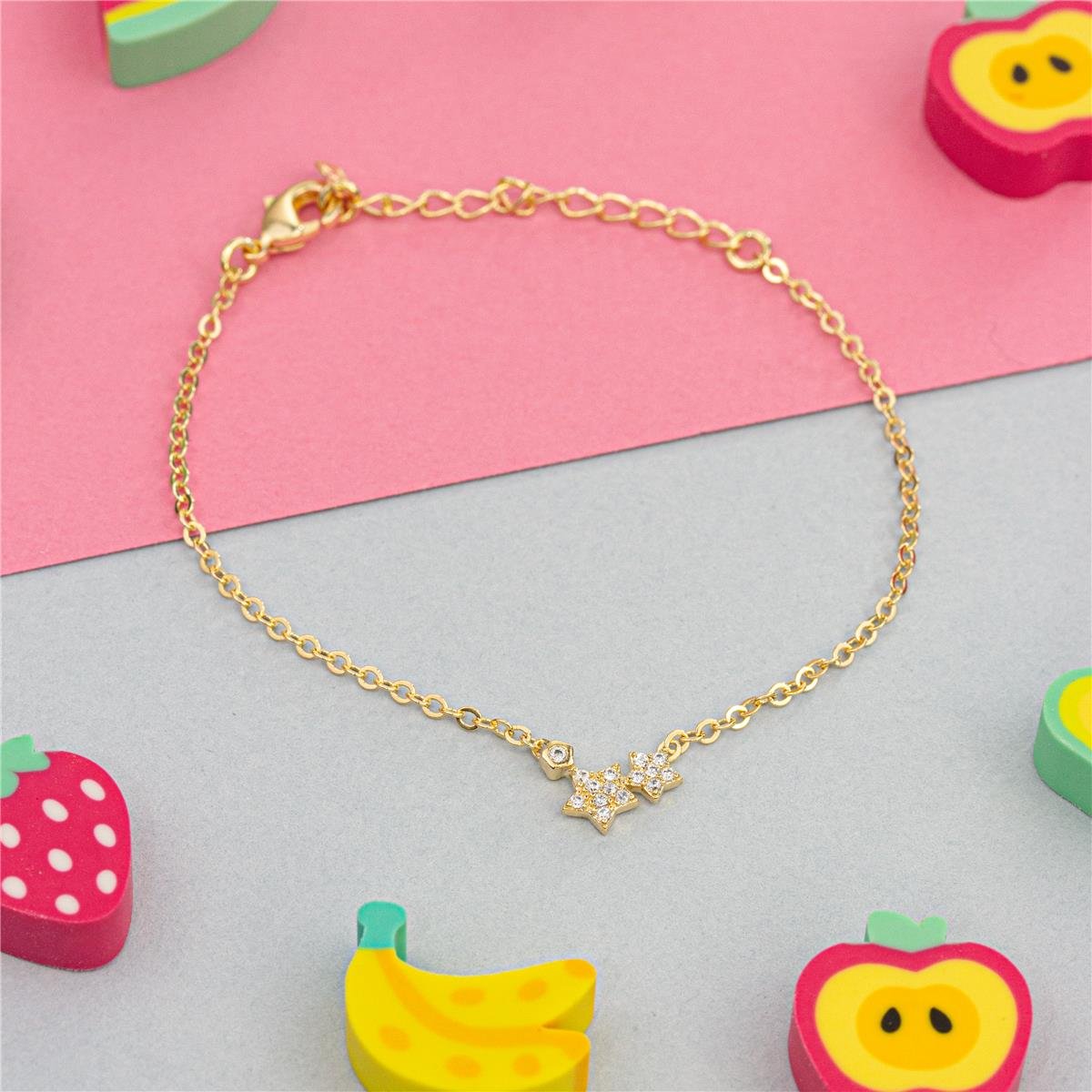 PULSEIRA FOLHEADO A OURO INFANTIL COM MINI ESTRELAS E ZIRCÔNIA