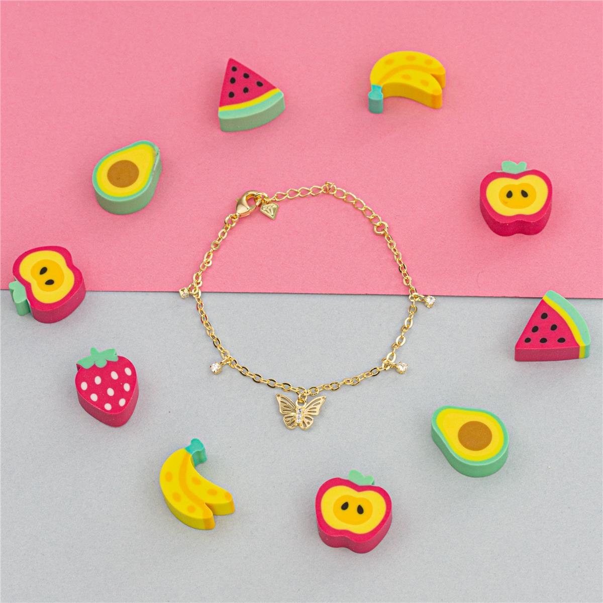 PULSEIRA FOLHEADO A OURO INFANTIL COM MINI ZIRCÔNIAS E BORBOLETA