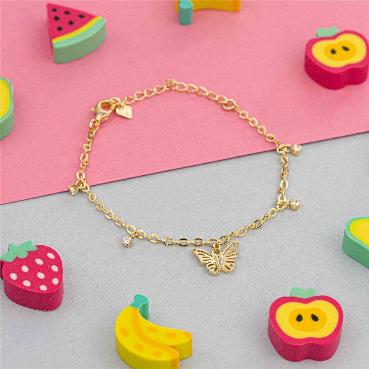 PULSEIRA FOLHEADO A OURO INFANTIL COM MINI ZIRCÔNIAS E BORBOLETA