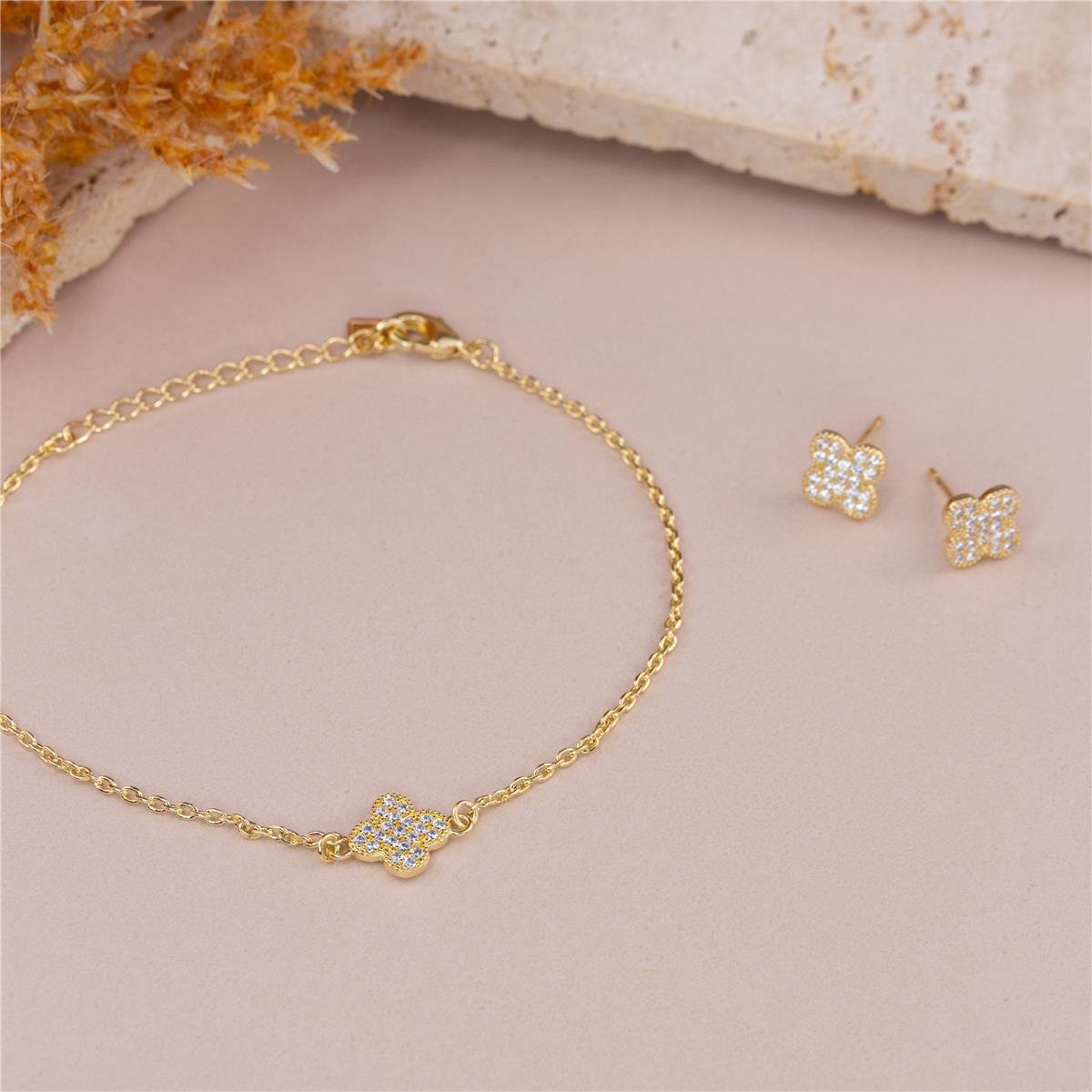 PULSEIRA FOLHEADO A OURO TREVO DE ZIRCÔNIAS CRISTAIS