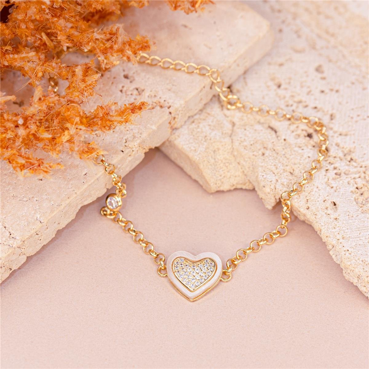 PULSEIRA FOLHEADO A OURO DE ELO PORTUGUÊS COM MINI ZIRCÔNIA E CORAÇÃO TRABALHADO