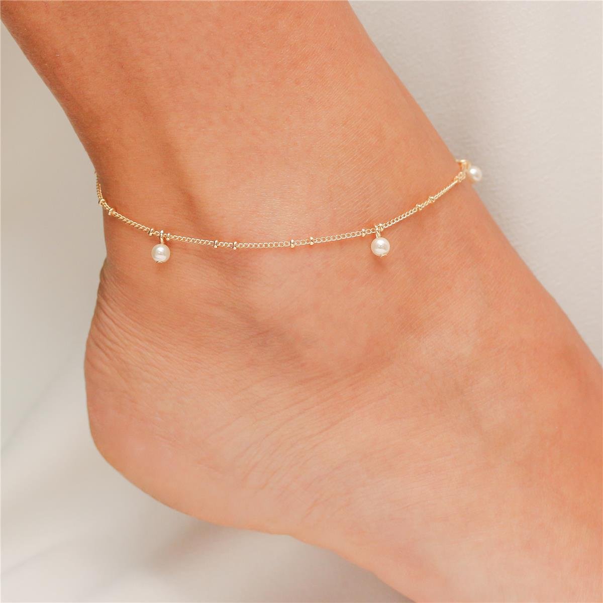 TORNOZELERIA FOLHEADO A OURO COM MINI BOLINHAS E PÉROLAS