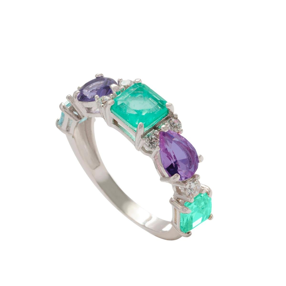 ANEL PRATA COM RÓDIO DE PEDRAS NATURAIS E ZIRCÔNIAS