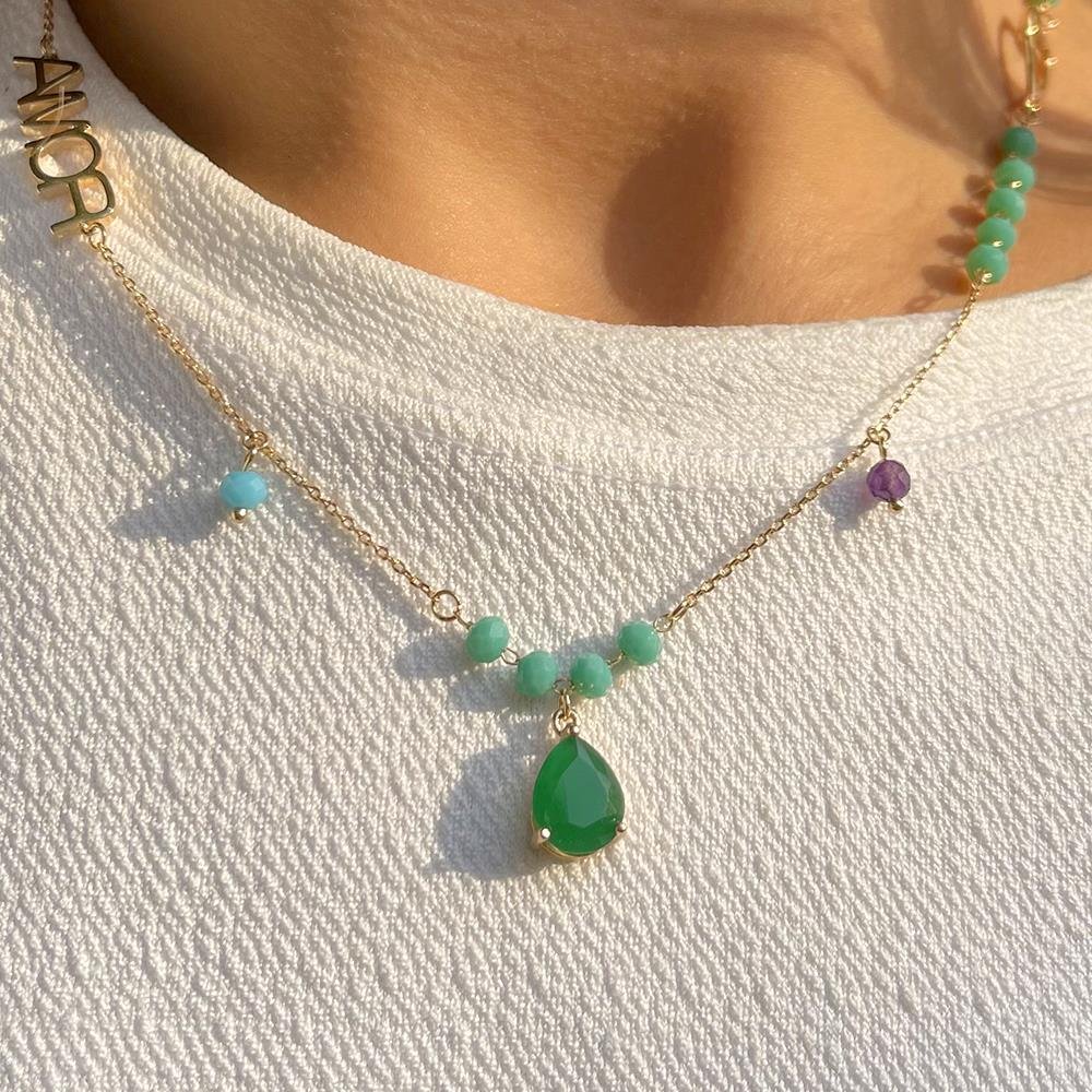 COLAR FOLHEADO A OURO FIO COM CRISTAIS E PEDRAS