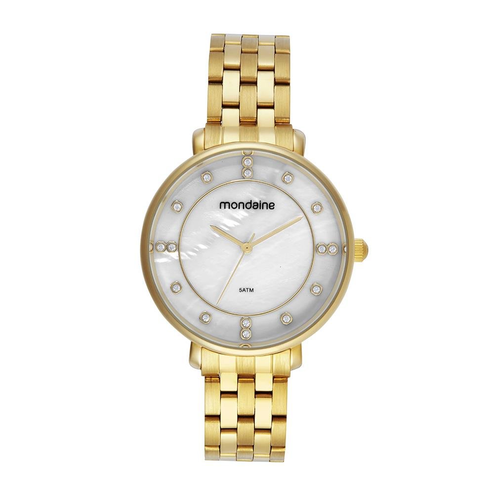 KIT RELÓGIO FEMININO MADREPÉROLA DOURADO COM CORDÃO 2 FIOS